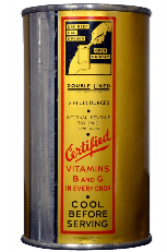 1936 Fox DeLuxe Double-Lined can, claiming the contents have "Vitamins B and G in Every Drop"!